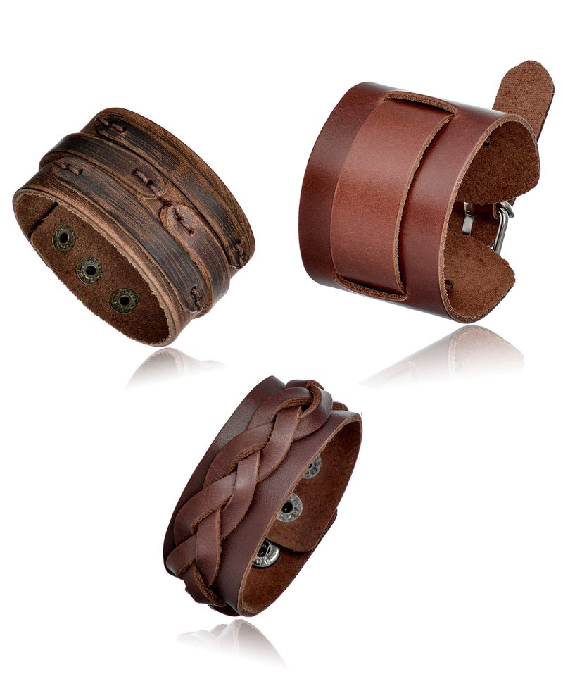 Tornito 3Pcs Genuine Leather Bracelet Braided Biker Cuff Strap Punk Wide Belt Bangle Wristband For Women Men Black Brown Size Adjustable - Image 1